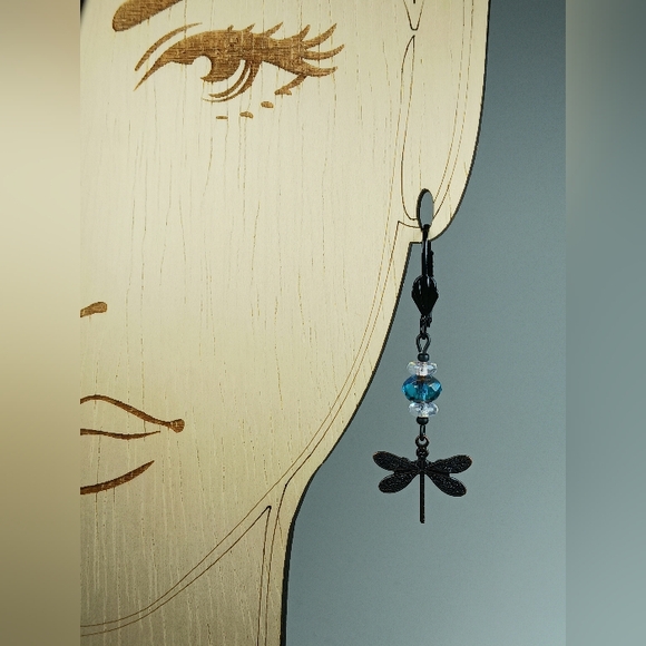 HAND CRAFTED Dragonfly Dangle Earrings Blue Artisan Glass Black Boho Nature - Picture 5 of 6